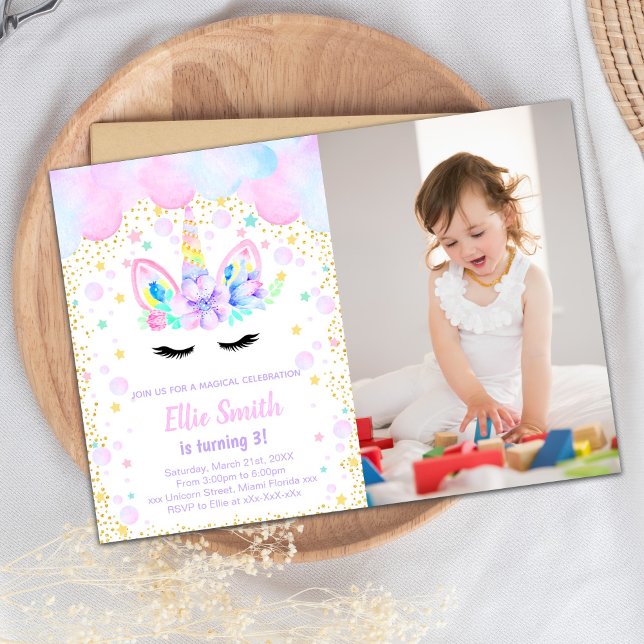 Anpassade Unicorn Inbjudan (Purple Pink Cloud Unicorn Invitations with photo)