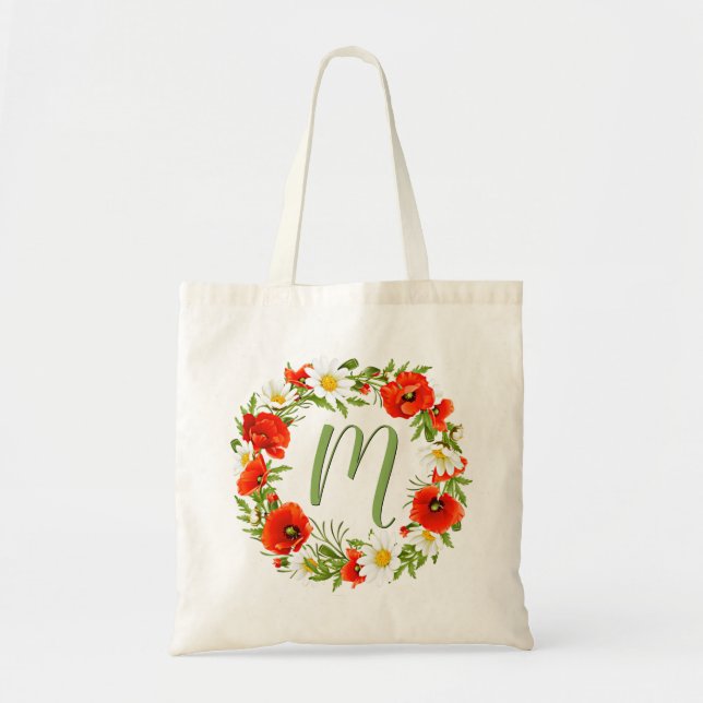 Anpassade vallmor tusenskönor monogram blomsterkra tygkasse (Framsidan)