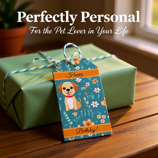 Anpassade valsblommor för Cute Orange Presentetikett (Cute Orange Puppy & Floral Birthday Gift Tags)