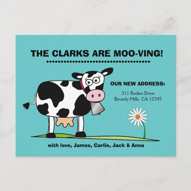 Anpassade Vi är Moo-ving Postcard Robins Egg Meddelande Vykort (Framsida)