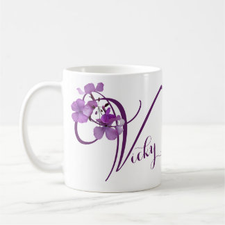 Anpassade Vicky namn söt lila blommigt girly Kaffemugg