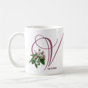 Anpassade Victoria namn monogram rosa blommigt Kaffemugg