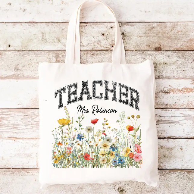 Anpassade vildblommor för lärarväska, present till tygkasse (wildflowers tote bag, personalized name tote, teacher tote bag, teacher appreciation gift)
