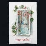 Anpassade Vintage Winter Snö Scene med Holly Kökshandduk<br><div class="desc">Söt serene vignette med snöskiva i skogen och rustisk bomull med ensam jägare som går genom snö inramad av festlig holly. Fält som tillval för din anpassning.</div>