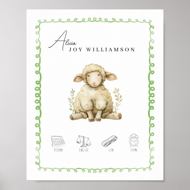 Anpassade Watercolor Lamb Birth Details Nursery Poster (Framsidan)