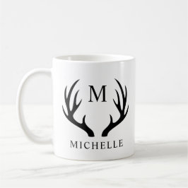 Anpassade White and Black Hjort Antler Monogram Kaffemugg