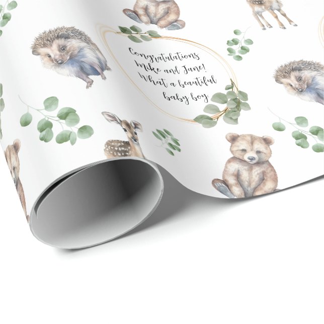 Anpassade Woodland Forest Animal Baby Shower Presentpapper (Rullad Hörn)