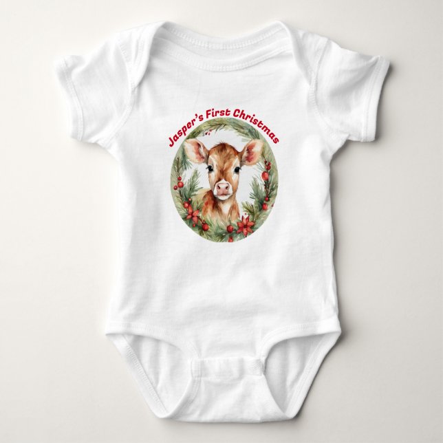 Anpassadet Baby Highland Cow's First jul. T Shirt (Framsida)