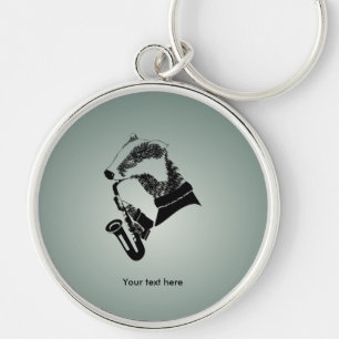 Anpassadet Black and White Badger Saxophone Rund Silverfärgad Nyckelring