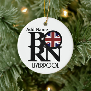 Anpassadet BORN Liverpool England (UK Flagga) Julgransprydnad Keramik