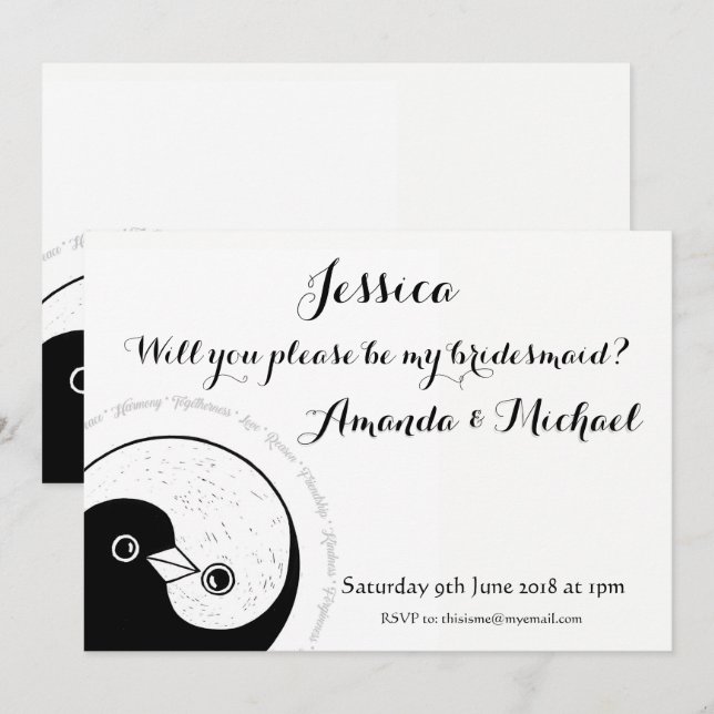 ANPASSADET BRIDESMAID INBJUDAN b/w duves (Fram/baksida)