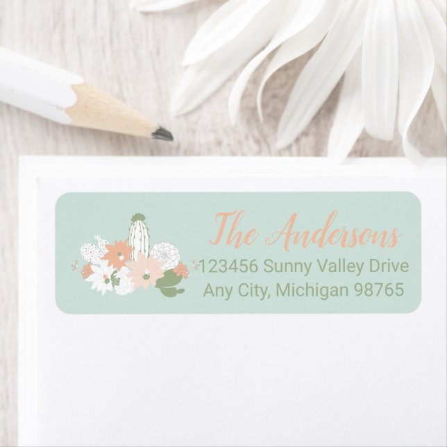 Anpassadet Cacti Peach Grönt Returadress Etikett (Insitu)