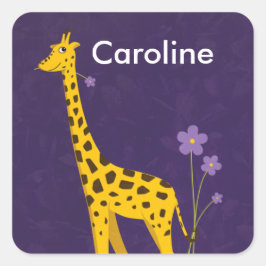 Anpassadet Cute Giraffe Holding Lila blommor Fyrkantigt Klistermärke