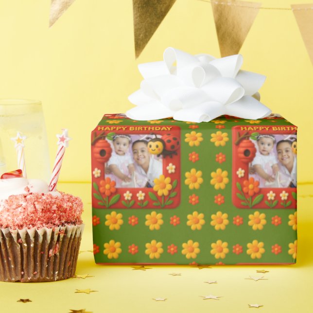 Anpassadet Cute Ladybug Birthday Photo Presentpapper (Födelsedagsfest)