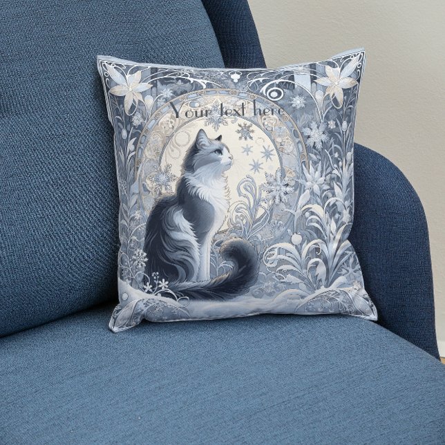Anpassadet elegant Art nouveau Cat Design Kudde (Personalizable wintery cat pillow)
