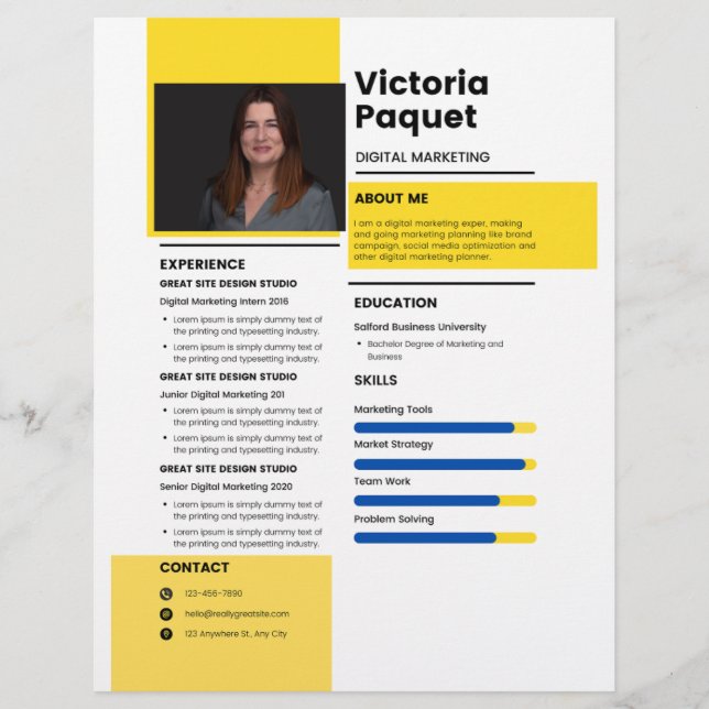 Anpassadet elegant RESUME MALL  Foto Gult Brevhuvud (Framsida)