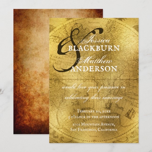 Anpassadet för den gamla världskartan i Antique Gu Inbjudningar (Fram/baksida)