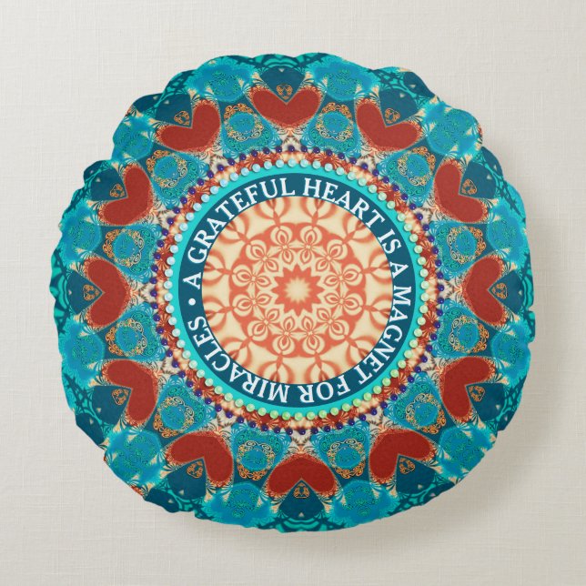 Anpassadet för Gratitude Aqua Teal Mandala Rund Kudde (Framsidan)