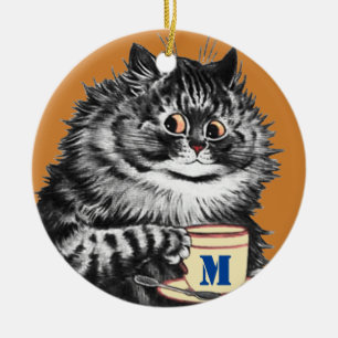 Anpassadet Initial, Coffee Älskare Cat, Louis Wain Julgransprydnad Keramik