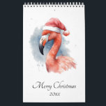 Anpassadet julklapp kalender<br><div class="desc">Kalender med en vattenfärgsmålning på omslaget av en rosa flamingo med en rosa vinterjulklapp i julklapp stil. Varje månad har ett annat djur i vattenfärg.</div>