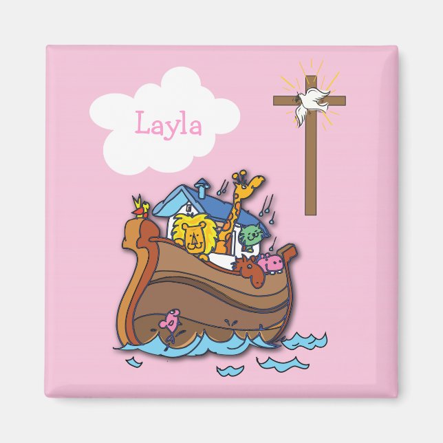 Anpassadet Noahs Ark-baptism, Rosa för flickor Magnet (Framsidan)