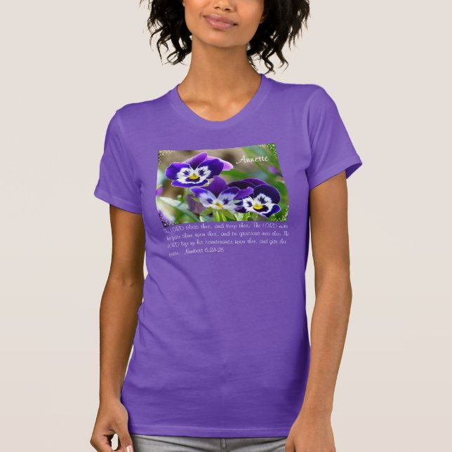 Anpassadet Pansy Flower & Scripture T-Shirt (Framsida)