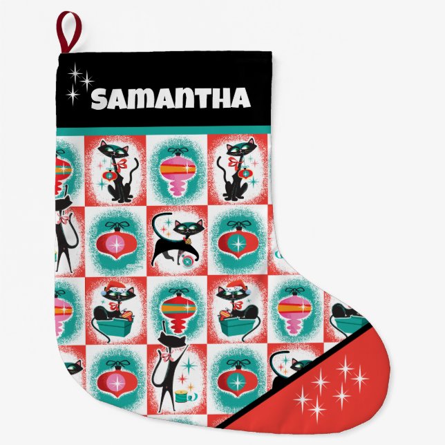 Anpassadet Retro Svarta katter - julklapp Stor Julstrumpa (Framsidan)