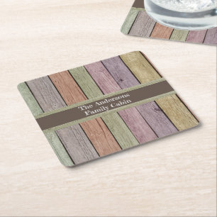 Anpassadet Rustic Wood Plank Family Cabin Underlägg Papper Kvadrat