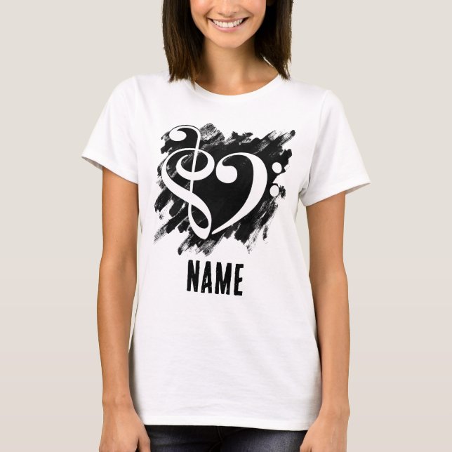 Anpassadet Treble och Bass Clef Heart White T Shirt (Framsida)