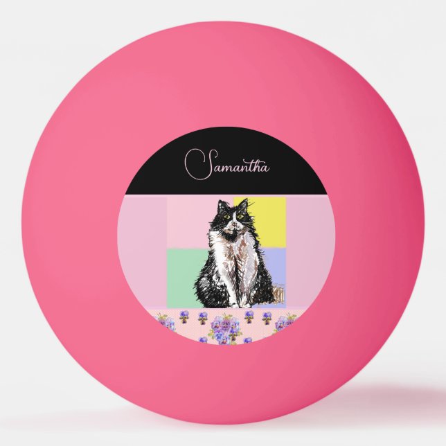 Anpassadet Tuxedo Cat Cats Pastel Rosa Girls Pingisboll (Framsidan)