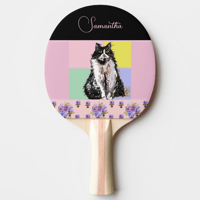 Anpassadet Tuxedo Cat Cats Pastel Rosa Girls Pingisracket (Framsidan)