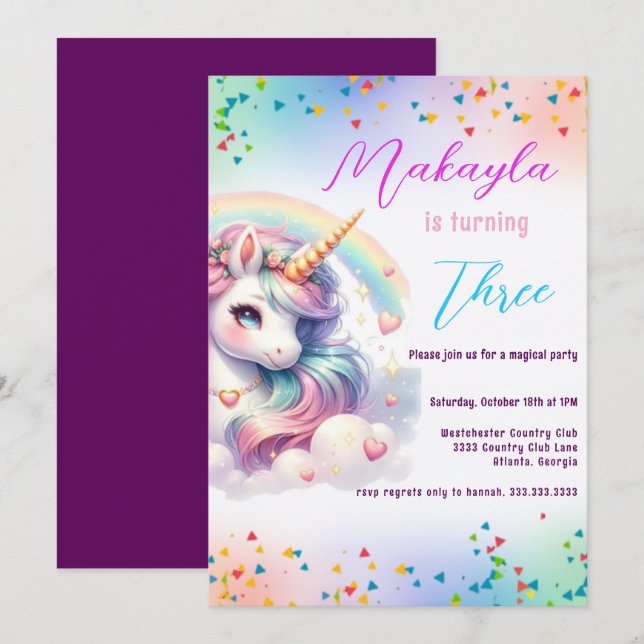Anpassadet Unicorn Birthday Rainbow Party Inbjudningar (Fram/baksida)