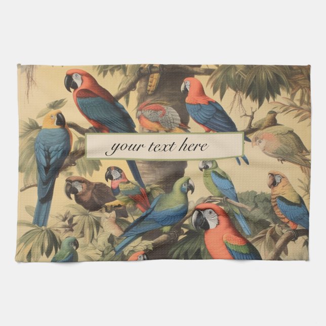 anpassadet vintage botaniska scenparroter kökshandduk (Horisontell)