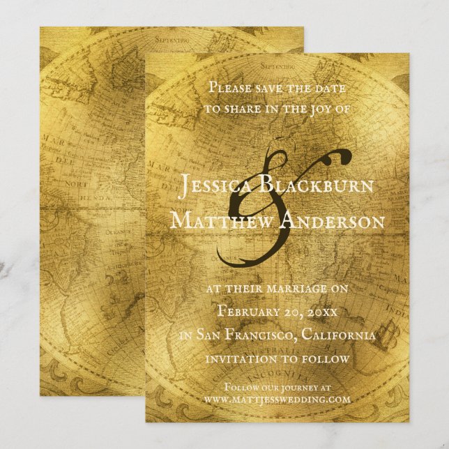 Anpassadet vintage Gammal världskarta i Guld Spara Datumet (Fram/baksida)