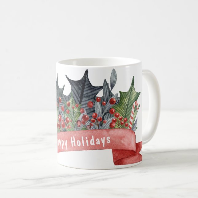 Anpassadet Watercolor Holly Banner Kaffemugg (Framsida höger)