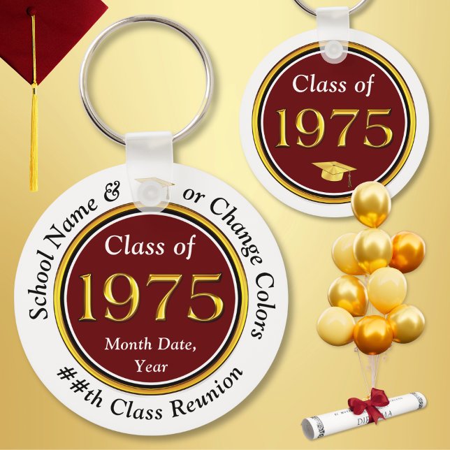 Anpassadets Billigt, 1975 års återförening, gåvor Nyckelring (Class of 1975 Reunion, Keychains. Nice class reunion party favors for the Class of 75. Maroon, White)