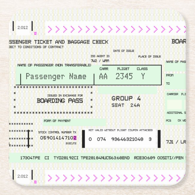 Anpassadets boardingpass underlägg papper kvadrat (Framsidan)