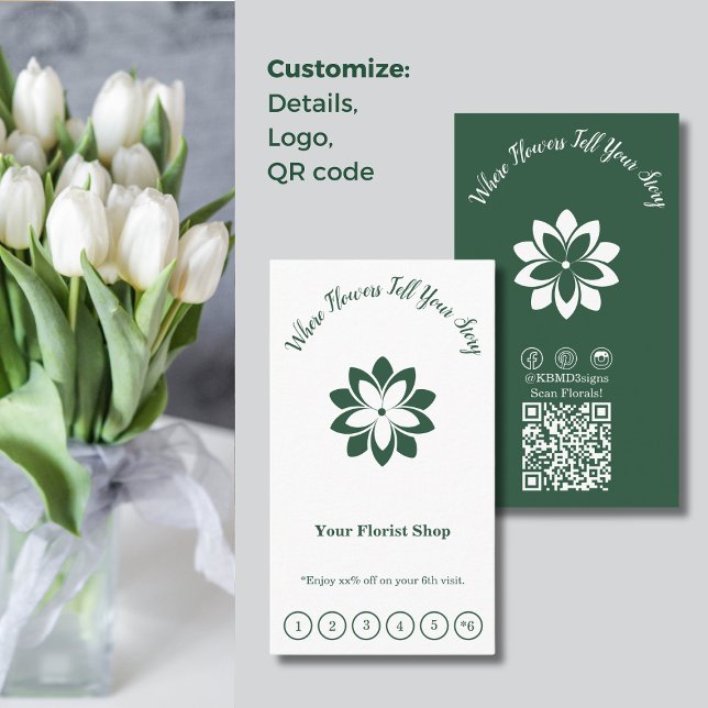 Anpassadets Grönt och vit florist-platta Lojalitetskort (Customizable Green & White Florist Flat Loyalty Card, 6 Visits Reward, Where Flowers Tell Your Story)