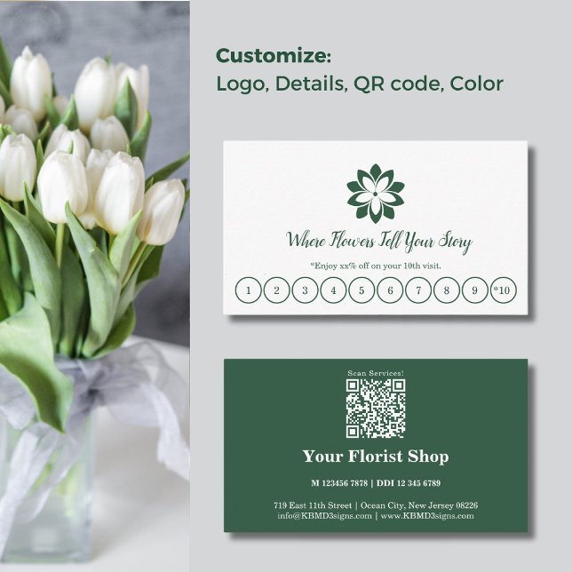 Anpassadets Grönt och vita floristiska förmånskort Lojalitetskort (Modern Customizable Green & White Florist Loyalty Card, Bonus every 10 Visits)
