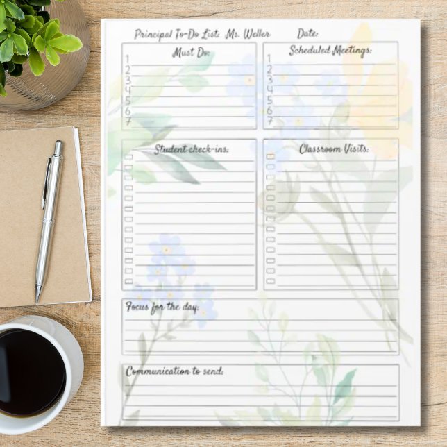 Anpassadets huvudlista att göra anteckningsblock (Personalized, fully customizable principal daily to-do list.  Checklist for principal
)