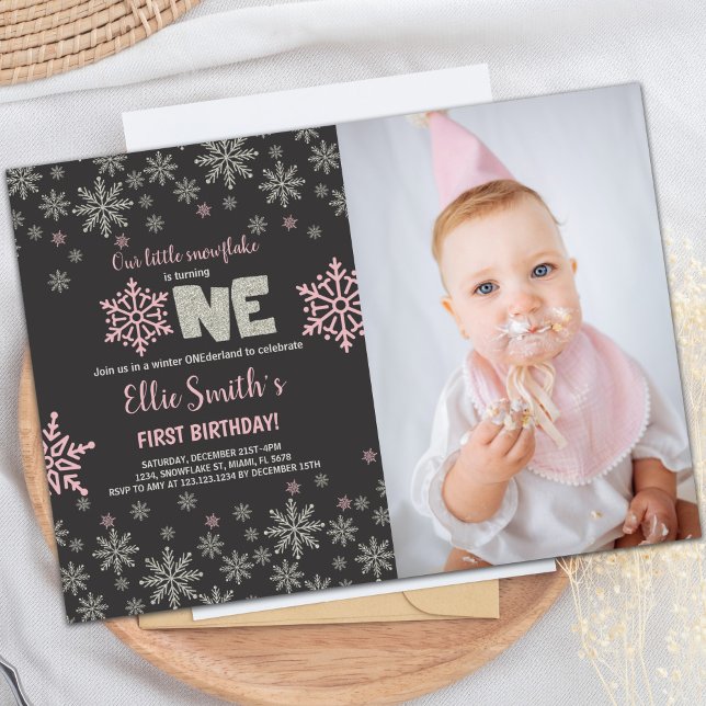 Anpassadets inbjudan till Winter Wonderland Party (Pink Photo Glitter Onederland Birthday Invitations)