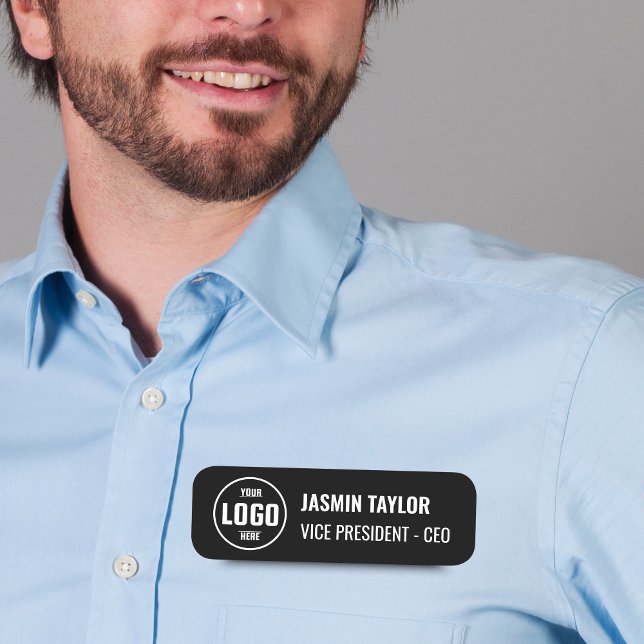 Anpassadets Logotyp och befattning | Modern minima Namnbricka (Customizable Logo & Job Title Black | Modern Minimalist Name Tag)