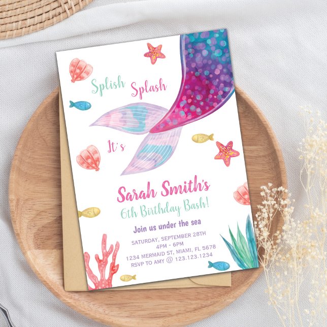 Anpassadets Mörk Rosa Sjöjungfru Svan födelsedag Inbjudningar (Dark Pink Mermaid Tail Birthday Invitation)