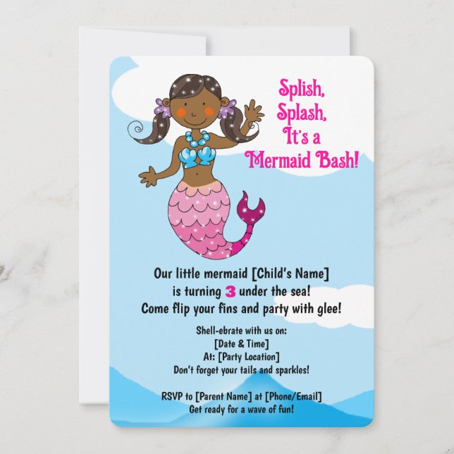 Anpassadets Sjöjungfru Födelsedag Mörk Hår Inbjudningar (Framsida)