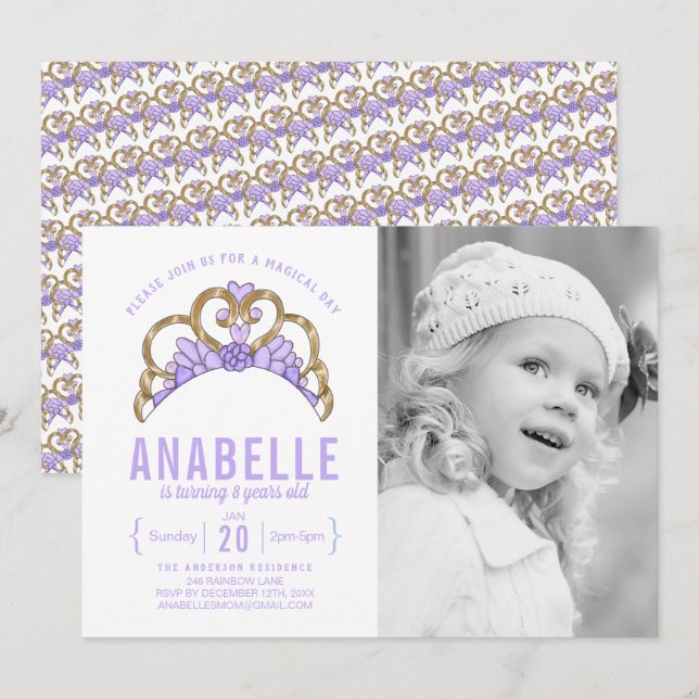 Anpassadets tiara-inbjudan till fotofödelsedagstjä inbjudningar (Fram/baksida)