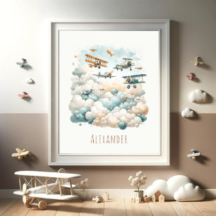 Anpassadets Vintage Flygplan och moln Poster