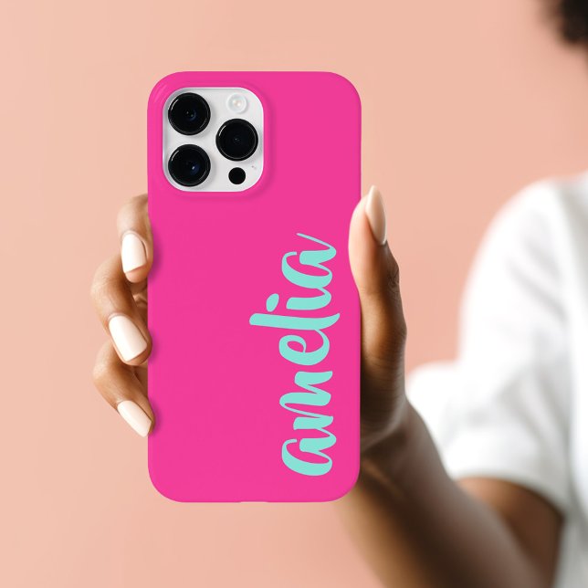 Anpassat Aqua-namnskript, fet shock rosa (Aqua blue custom name script bold hot pink Case-Mate iPhone case)