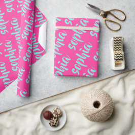 Anpassat Aqua-namnskript, fet shock rosa Presentpapper