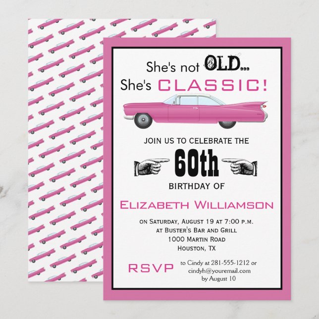 Anpassat år Hon är inte gammal men klassisk bil fö Inbjudningar (Fram/baksida)