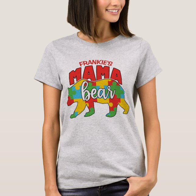Anpassat Barns NAMN Mamma Björn Autism Medvetenhet T Shirt (Framsida)